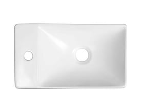 Firkantet håndvask i mat hvid keramik, 38x22x10 cm, med hanehul til venstre og bundventil til højre.