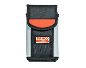Bahco vertikal mobiltelefonholder 4750-VMPH-1 vist forfra med lukket klap, sort og orange detaljer og tydelig Bahco logo.