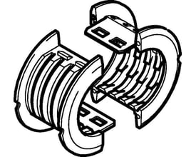 Geberit Mepla indlægsdel til fixpunkt, Ø 32 mm, vist som to dele med riller og monteringsflanger.