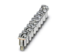 Nærbillede af Phoenix Contact Fast bro FBRN 10-4 N, 10 poler, med synlige skrueterminaler og sølvfarvet kobber finish.