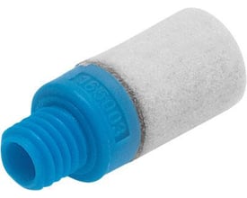 Festo lyddæmper UC-M5 med blå gevindfitting og hvid lyddæmpende ende, fremstillet af plastic.