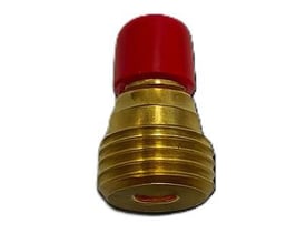 Hus til spændbøsning 2,4 mm med gaslinse og lille rødt hoved, fremstillet af messing og plast.