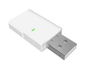 Shelly BLU Gateway Gen3, en hvid Bluetooth-til-Wi-Fi-gateway med USB-A-stik og grøn statusindikator.