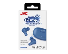 JVC Gumy True Wireless in-ear høretelefoner i blå farve præsenteret i original emballage, model HA-A7T.