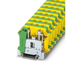 Phoenix Contact installationsjordklemme UTI 35-PE i grøn/gul med skruetilslutning for 0,75-35mm2 kabel på en DIN-skinne.