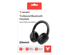 Verbatim TruSound Bluetooth ANC-headset i sort med over-ear-bøjle vist på produktets emballage.