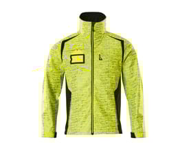 Mascot softshell jakke 19202 i Hi-Vis gul og sort, str. M, med høj krave og synlige reflekser på en hvid baggrund.