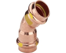 Viega Profipress 45° bøjning til 28 mm gasrør, muffe/muffe, med SC-Contur og gule mærker.