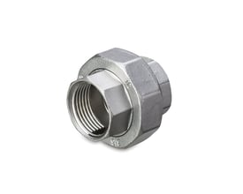 Union muffe/muffe med flad tætning og PTFE-pakning, fremstillet i rustfrit stål 316-CF8M.