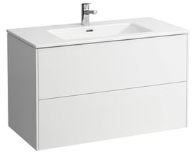 Laufen Pro S Slim møbelpakke i mat hvid med to skuffer og integreret hvid håndvask med krom vandhane.