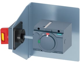 Detaljeret billede af Siemens drejegreb til NØD-stop, med 'ON', 'OFF' og 'TRIP' markeringer, monteret på en 3VA2 afbryder.