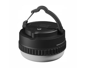 SpectrumLED Lumina Pocket er en sort, bærbar solcellelampe med rund lysflade og praktisk bærehåndtag.