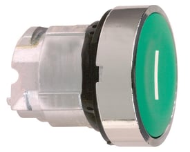 Sidebillede af Schneider Electric Harmony Style 4 grøn trykknap med 'I', der viser monteringsmekanismen og den sorte bagside. Kromkant er tydelig.