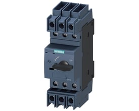 Siemens 3RV2 S0 motorværn med 3-polet design og justeringsområde på 22A, vist på hvid baggrund.