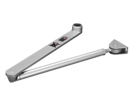 Dormakaba normalarm til automatisk døråbner ED100/ED250, vist i grå metalfarve med lang arm, led og monteringsbeslag.