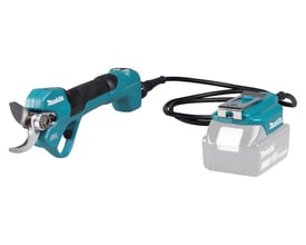Makita DUP180Z 18V grensaks og tilhørende batteriadapter koblet sammen med kabel, vist på hvid baggrund.