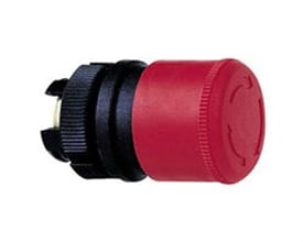 Detaljebillede af et rødt Schneider Electric nødstopshoved med 30mm paddehoved og sort monteringsdel.