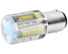 Siemens gul LED-lampe BA15d til 24 V, set skråt med synlige LED-elementer og metalfatning.