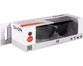 Pakke med OX-ON Speed Plus Comfort sikkerhedsbriller, viser den mørke brille gennem klar emballage og produktets front med logo.