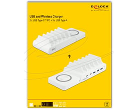 Emballagen viser DeLock USB- og trådløs oplader på 110 W med ladeflade og fem USB-porte.