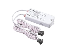 V-TAC 2-i-1 dobbelt IR-sensor med hvid styreboks, to ledninger og sensorer til dør eller håndbevægelse.