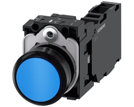 Siemens Sirius Act 22mm trykknap med blå plastikknap og integreret holder med 1NO/1NC kontakter.