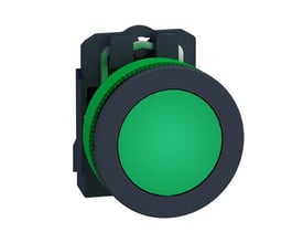 Schneider Electric grøn LED signallampe til planmontering med mørkegrå ramme og grønt lys på hvid baggrund.