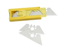 Ironside vendbart knivblad til Safe-kniv på 60 mm, med stålblade i en gul dispenser.