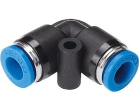 Festo vinkel-stikforbindelse QSL-12-20 med blå push-in-ender og en nominel størrelse på 7,7 mm på hvid baggrund.