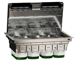 Lauritz Knudsen Unica System+ gulvboks i metal med åbent låg, viser 12 moduler og grå metalramme til planmontering i gulv.