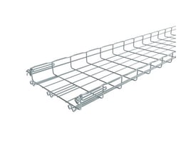 Nærbillede af enden af en Legrand gitterbakke, der viser det integrerede Fasclic+ samlesystem.