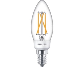 Detaljeret billede af Philips SceneSwitch LED Kerte pæren, der viser E14 sokkel og filamentet.