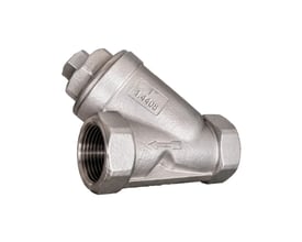 MODU Valves snavssamler med 1 1/4" gevind i rustfrit stål, set skråt med gevindtilslutninger og flowpil.
