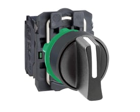 Schneider Electric XB5 drejeafbryder med kort sort greb, der viser den hvide markering på fronten og et grønt kontaktmodul.