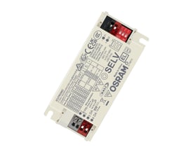 Osram LED-driver til LED-panel på 44 W med DALI, vist skråt med kabinet og røde og grå tilslutningsklemmer.