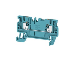 Blå Weidmüller A2C gennemgangsklemme til 1,5 mm² med push-in teknologi, vist i 3/4 vinkel på hvid baggrund.