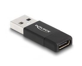 Sort DeLock USB 3.2 Gen 2-adapter med USB-A-hanstik og USB-C-hunstik, vist skråt forfra.