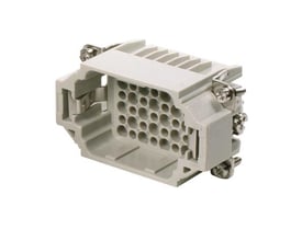 Weidmüller HDC HDD 42 MC, 42-polet han-indsats til crimp-ben, set skråt forfra med kontaktåbninger og metalbeslag.