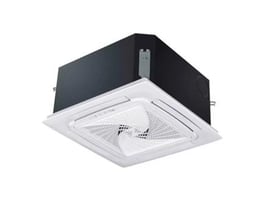 Haier AB50S2SC2FA(H) kassetteklimaanlæg på 5,0 kW med hvid firkantet front og mørkt kabinet, set skråt nedefra.