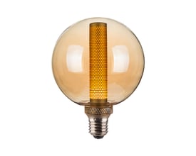 Halo Design COLORS Core Amber LED lyskilde med E27 fatning og en diameter på 125 mm, vist på hvid baggrund.