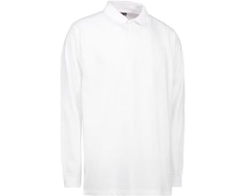 Hvid ID Identity poloshirt med lange ærmer i størrelse 5XL, vist forfra på hvid baggrund.