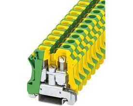 Phoenix Contact UTI 16-PE installationsjordklemme, grøn/gul, med synlig skruetilslutning og monteringsskinne for elektriske installationer.