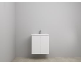 Sanibell Online møbelsæt i hvid højglans, 61x46 cm, med 2 låger og krom vandhane, præsenteret på en lys grå væg.