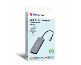 Forpakning af Verbatim USB-C Pro Multiport Hub CMH-09 med 9 porte, viser tilslutningsmuligheder og "plastic free" mærkat.
