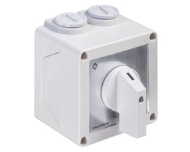 Kraus & Naimer vendeomskifter/fasevender CA10 med 3 poler, 20A og IP65, i hvid plastik kapsling med 1-0-2 funktion.