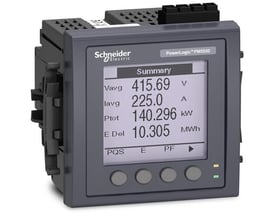 Schneider Electric PM5560 energimåler med grafisk display, viser målinger som V, A, kW og MWh, samt knapper for betjening.