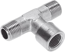 Festo T-forskruning NPFC-T-G18-2R18-FMM i forniklet messing, viser tre tilslutninger til trykluftsystemer.