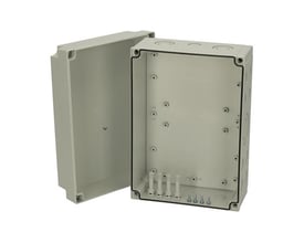 Fibox MNX kasse, 255x180x125mm, lys grå RAL 7035. Kassen er åben og viser indersiden med monteringspunkter.