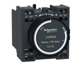 Schneider Electric tidsblok LADR03 til kontaktorer med 1NO+1NC kontakter og tidsindstilling 0,3-3 sekunder.