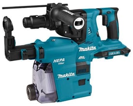 Makita kombinationshammer HR5212C med integreret støvopsamler og HEPA filter, vist fra siden på hvid baggrund.